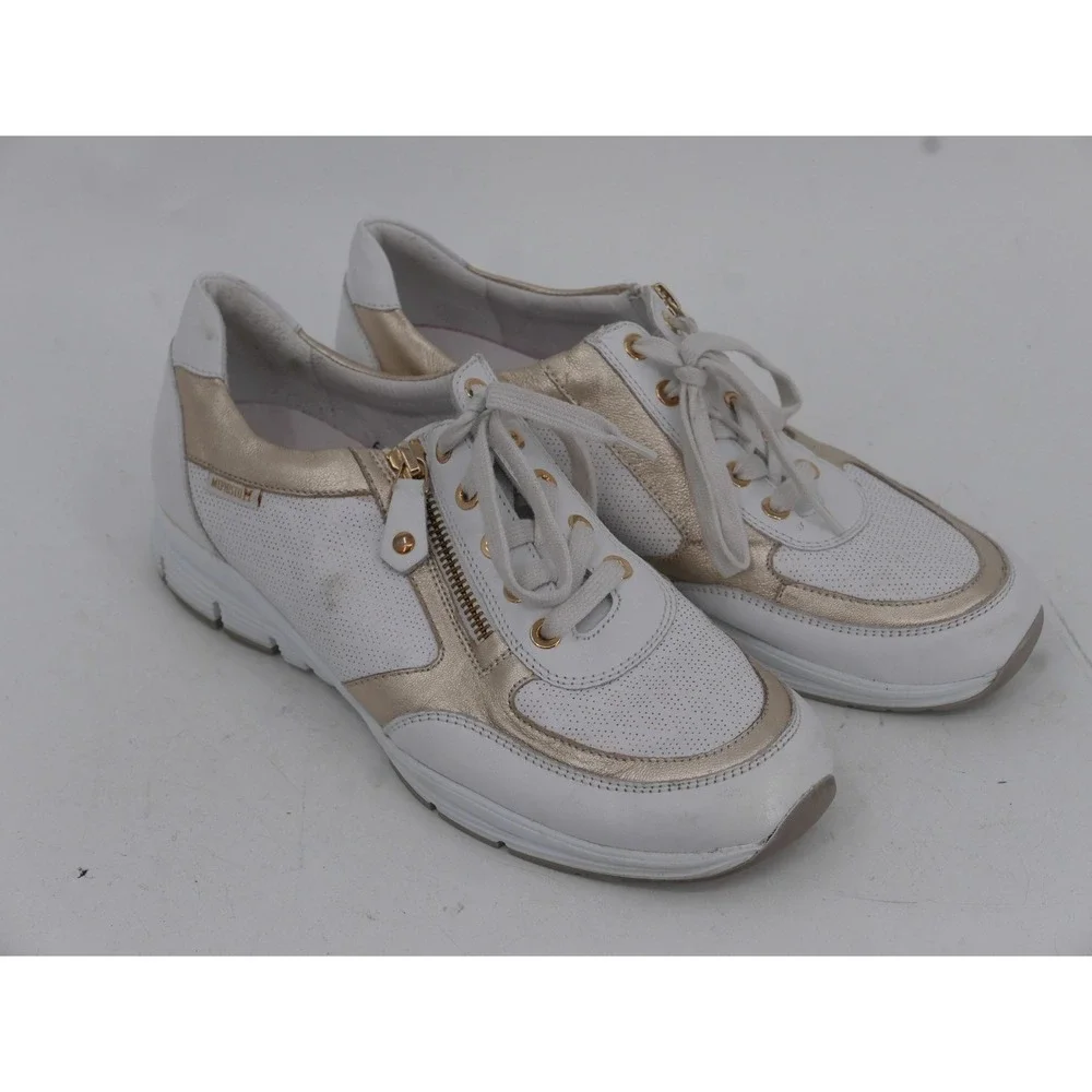 Mephisto Runoff Shoes White Gold Leather Zip Lace Up Comfort Women's Size 8.5